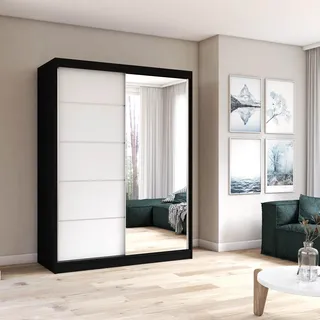 Schwebetürenschrank Kleiderschrank 150 cm Schwarz/Weiß mit Spiegel - Vista 05 - Schwarz