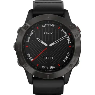 Garmin Fenix 6 Sapphire BT 47 mm Edelstahlgehäuse grau Silikonarmband schwarz M