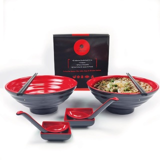 Goliber Groß Ramen Schüssel Set - Enthält 2 Melamin Ramen Bowl, Essstäbchen, Löffel and kleine Schüssel für Sauce - Japanisches Geschirr Ideal für Ramen Nudeln oder Pho Nudelsuppe - 2 Sätze,8