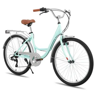 HILAND 26 Zoll Cityräder für Erwachsene, Step-Through Rahmen Damenfahrrad mit Gepäckträger und Korb, Herren und Damen 7 Gang-Schaltung Hollandfahrrad Citybike, City-Pendlerfahrrad für Männer, Grün