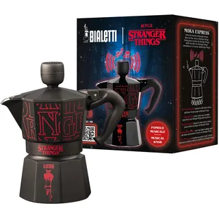 Bialetti Moka Express Stranger Things 3 Tassen, Musikalischer Knauf mit USB-C Ladefunktion, nicht induktionsgeeignet, 3 Tassen (130 ml), Schwarz