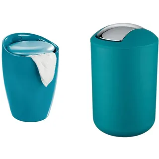 WENKO Hocker Candy Petrol, mit Wäschesack - Wohnhocker, Badhocker, 36 x 50.5 x 36 cm, Petrol & Schwingdeckeleimer Brasil Petrol L - Kosmetikeimer, 6.5 l, 19.5 x 31 x 19.5 cm