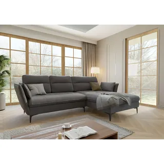 s-style möbel Ecksofa Egon mit Schlaffunktion und Bettkasten aus Grau Samt-Stoff mit hohen schwarzen Metallfüßen, B/T/H: 260 cm/ 168 cm / 91 cm, Ottomane rechts - Grau