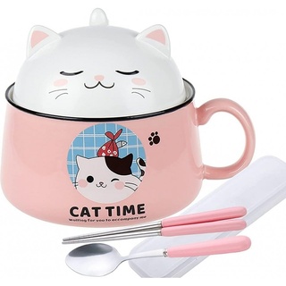 lachineuse - Ramen Schüssel Kawaii Katze mit Deckel - Cat Time Ramen Bowl 1020 ml - Nudelsuppe Schüssel - Nudelschüssel Schale - Müslischalen mit Henkel - Farbe Rosa