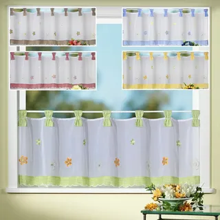 heimtexland Gardine Country Chic Scheibengardine FRÜHLING Vichy-Karo Schlaufen-Bistro Landhaus mit Blumen Bestickt grün HxB 45x150 cm - sehr schöner Fall...auspacken, aufhängen, fertig! Typ78 (grün)