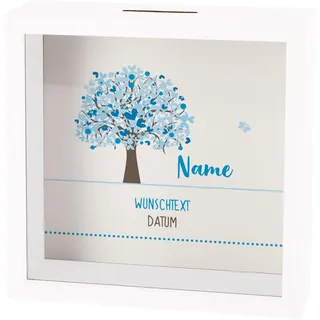 Striefchen® Personalisiertes Sparrahmen-Geschenk zur Taufe, Kommunion oder Konfirmation – Spardose mit Name, Wunschtext & Datum im Bilderrahmen-Stil (Lebensbaum blau)