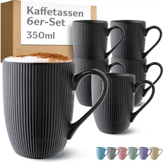 Cosumy Kaffeetassen 6er Set in Schwarz Matt 350ml - Einzigartiges Streifenmuster - Keramik - Mikrowellenfest - Spülmaschinenfest & Komfortabler Griff - Schwarze Tassen - Modern