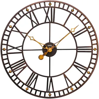 AMS 9537 Wanduhr Quarz analog Metall antik vintage rund römische Ziffern - Braun