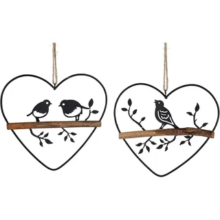 2 x Dekohänger Vogel auf AST im Herz | Metall Fensterdeko Hänger schwarz | 20 cm