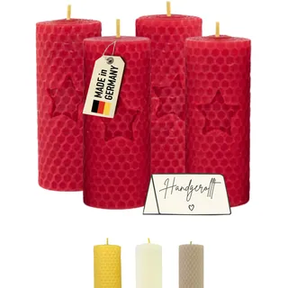 Wachsmann Stumpenkerzen rot Stern – 100% Bienenwachs - Weihnachten & Geschenk - handgerollt, Made in Germany – 4er-Set Bienenwachskerzen (4×10 cm, 6 Stunden Brenndauer)