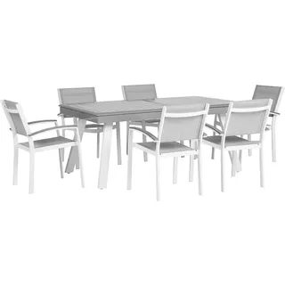 BELIANI Gartenmöbel Set Weiß Aluminium Grau Kunstholz 6-Sitzer Terrasse Outdoor Modern Tisch Ausziehbar 175-255 x 100 cm 6 Stühle mit Textilbespannung - Grau, Weiß