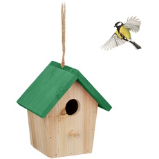 Relaxdays Deko Vogelhaus, Holz, Vogelhäuschen zum Aufhängen, HBT: 16 x 15 x 11 cm, Vogelvilla Garten, Balkon, Natur/grün