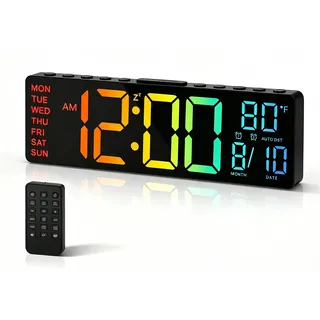 HAITANG Digitale Wanduhr - 10,5" Große Wanduhr Mit Temperaturanzeige, Datum Und Tag, RGB-Farb-Auto-Helligkeitsdimmer, Nachtlichter, 24/12-Stunden-Led Für Schreibtisch, Schlafzimmer