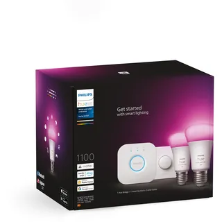 Philips by Signify Philips Hue White & Color Ambiance Starter Set mit E27 Lampen 2-er Pack (1100), Smart Button + Hue Bridge, TESTSIEGER Stiftung Warentest (01/2024), 16 Mio. Farben per Sprache und App steuerbar