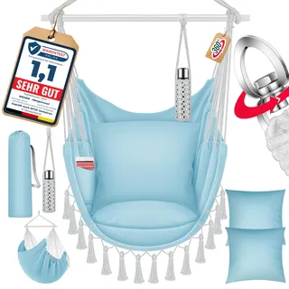 KESSER® Hängesessel Safari XXL Hängestuhl für Erwachsene & Kinder Hängematte bis 150 kg Hängesitz Aufhängung Indoor-Outdoor-Wohnen Inkl. Tragetasche, 2 Kissen, Getränkehalter & Bücherfach, Hellblau