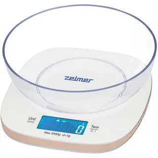 Zelmer ZKS1451 - Digitale Küchenwaage mit Schüssel, 1 g bis 5 kg, mit LCD-Anzeige, Tarafunktion, mit und ohne Schüssel verwendbar, Weiß/Elfenbein