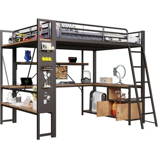 Stilvora Hochbett 140/200 cm in Schwarz mit Schreibtisch, Stauraum, Regal, LED und Usb , Metall, Holzwerkstoff , 140x200 cm , Babymöbel & Kindermöbel, Kinderzimmer & Jugendzimmer, Kinderbetten, Hochbetten