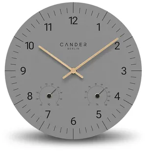 Cander Berlin MNU 2630 X Wanduhr MDF lautlos ohne Tickgeräusche 30 cm Temperatur Luftfeuchtigkeit analog grau Holzzeiger