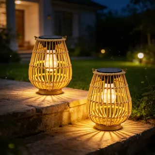 Solar Laternen Außen 2er Set,Handgeflochtene Rattan Lampen im Boho Stil,Hängend & Stehend,IP65 Wasserdicht,Warmweißes LED-Licht,Ideale Geschenke für Mama,Frauen,Solarleuchten für Garten,Balkon