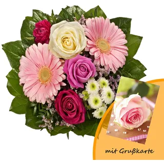 Dominik Blumen und Pflanzen, Blumenstrauß "Tango" aus 3 Rosen, Ranunkel, Chrysantheme und Gerbera und Grußkarte "Rosen"
