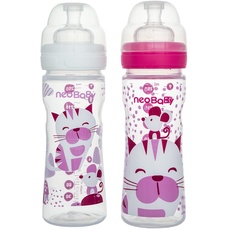 Neobaby Babyflasche aus Polypropylen, breiter Hals mit Sauger aus Silikon, 250 ml, Rosa, verstellbarer Durchfluss, 2 Monate +