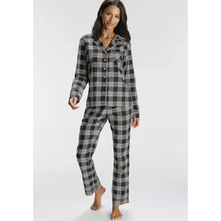 Pyjama H.I.S, Damen, Gr. 38, schwarz-weiß (schwarz, kariert), Flanell, Obermaterial: 100% Baumwolle, kariert, Basic normal, V-Ausschnitt, Manschette kontrastfarben, Homewear-Sets Pyjama, aus Flanell mit Allover-Karomuster