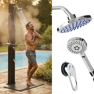BRAST 3in1 Solardusche Gartendusche | 40-60 Liter | Handbrause & Fußdusche | Gartenschlauch-Anschluss | 2 Varianten | inkl. Standmatte Abdeckcover & Seifenhalterung | ohne Stromanschluss | 60 Liter