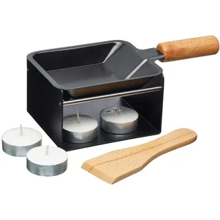 Artesa Artesà Mini-Raclette-Grill Einzelset für 1-2 Personen, Metallgestell, antihaftbeschichtete Pfännchen, Holzspatel und 2 Kerzen, Schwarz / Beige
