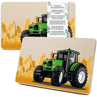 Yabaduu Individuelles Holzbrett für Kinder 23,5x15cm Frühstücksbrettchen Brotzeitbrett personalisiert aus Holz Tier-Motiv als Geschenk Geburtstag Kind RV007 (25 Traktor grün, Ohne Wunschname)
