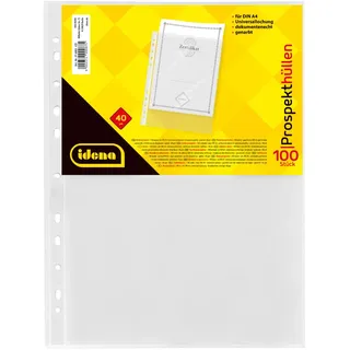IDENA 376002 - 100 Stück Klarsichthüllen A4 genarbt, Prospekthüllen aus Kunststoff 40μ, dokumentenecht, Klarsichtfolien mit Universallochung