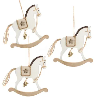 Logbuch-Verlag 3 Holzanhänger Weihnachten Schaukelpferd Weihnachtsanhänger 17 cm aus Holz Pferd Deko weiß beige Baumschmuck nostalgisch