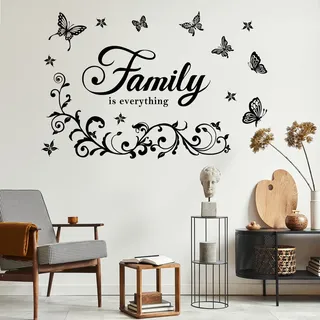FUFUQUARE Wandtattoo Spruch Familie Modern Wandaufkleber “Family is everything” Schwarz Blumenranke Schmetterlinge Vinyl Selbstklebend Wandsticker für Wohnzimmer Schlafzimmer Wanddeko