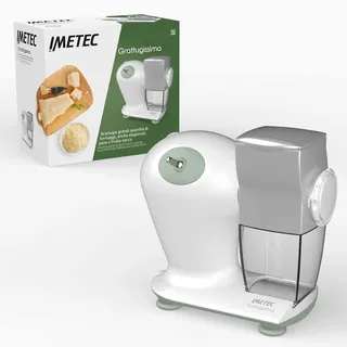 Imetec Grattugissima elektrische Reibe, Edelstahlwalze, Aluminiumtrichter, ausziehbarer Behälter mit Frischedeckel, Sicherheitssystem, 150 W