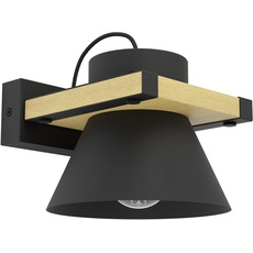 EGLO Wandlampe Maccles, Wandleuchte für innen, FSC100HB, Flurlampe aus schwarzem Metall und natürlichem Holz, Lampe für Wand und Decke, E27 Fassung