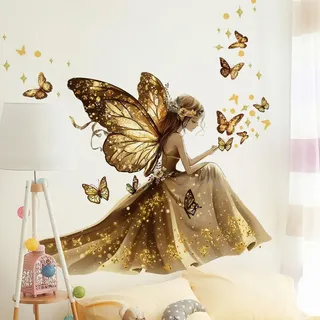 WandSticker4U®- [Extra groß] Wandtattoo Jugendzimmer MÄDCHEN & SCHMETTERLINGE in Gold (110x112 cm) I Wandsticker Kinderzimmer Fee Teenager I Wand Deko Jugendzimmer Mädchen Schlafzimmer xxl COOL