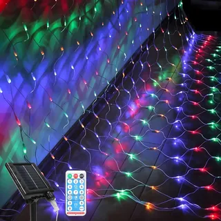 Jopassy LED Solar Lichternetz 2x2M Bunt Lichterkette Weihnachtsbeleuchtung Lichtervorhang Innen Außen Deko 8 Modi IP44 - Bunt