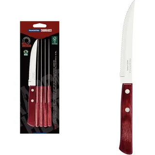 Tramontina Steakmesser, Pizzamesser, Set 6-teilig, 6 Steakmessern aus Edelstahl, Holzgriff rot FSC