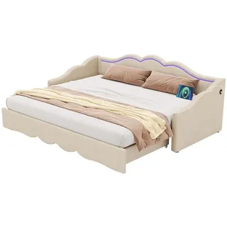Flieks Daybett Beige Samt 90x200 ausziehbar 180 LED USB Schlafsofa , Textil , 90x200 cm , Schlafzimmer, Betten, Polsterbetten