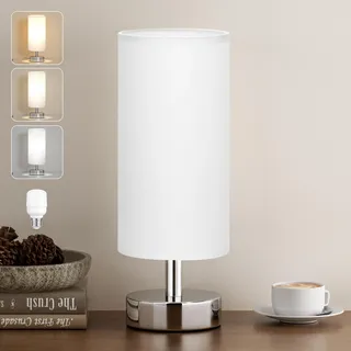 Kakanuo Nachttischlampe Klein, Tischlampe mit Kabelschalter, 3 Farbtemperaturen, Weißer Lampenschirm Silberner Sockel, Kleine Lampe für Nachttisch Wohnzimmer Schlafzimmer Büro Kinderzimmer
