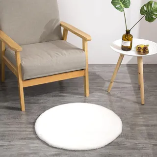 Teppich Wölkchen Fell Rund, Fellteppich Rund, Kunstfell Teppich Waschbar, Hasenfell, Kaninchenfell - Flauschiger Teppich Wohnzimmer, Bettvorleger Schlafzimmer - Weiss - Rund 45cm