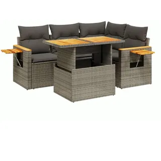 vidaXL Garten-Sofagarnitur 5-teilig Mit Kissen Grau Poly Rattan , Kunststoff , Rechteckig,rechteckig , Säule , Gartenmöbel, Gartengarnituren, Gartenmöbel-Sets
