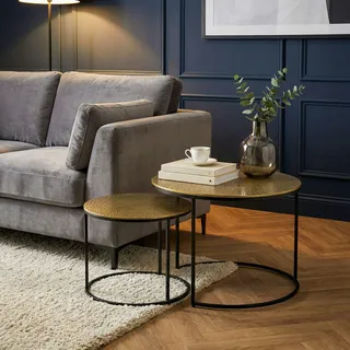 FineBuy Satztisch 2er Set Metall gold rund mit Muster Aluminium Tischplatten Couchtisch Modern Beistelltisch Sofatisch Wohnzimmertisch - Gold