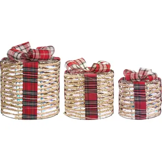 BELIANI LED Weihnachtsdekoration Geschenk 3er Set Beige Metall u. Regenbogenfolie mit Schleife Dekofigur für Tisch Innenbereich Wohn- und Schlafzimmer - Beige, Rot