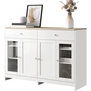 Stilvora Sideboard in Naturfarben und Weiß Kommode mit Glastüren für Wohnzimmer und Esszimmer, B120/T37/H80 cm , Weiß, Naturfarben , Metall, Holzwerkstoff, Glas , 6 Fächer , Rechteckig,Rechteckig , 120x80x37 cm , Kleinmöbel, Kommoden, Sideboards