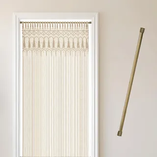Cozyor Makramee Vorhang + Klemmstange 70-120 cm ohne Bohren Türvorhang Fenstervorhang 132x200cm Raumteiler, Wandbehang & Boho Deko beige Gold, Hochzeit, Wohnzimmer