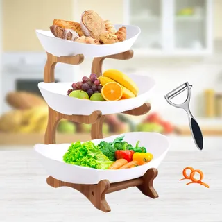 AOOGON Obst Etagere 3 Stöckig mit Natürlichem Bambus Steher, PP Material Obstschale, Ständer Serviertelle für Obst, Gemüse, Kuchen, Süßigkeiten, für mehr Platz in der Küche