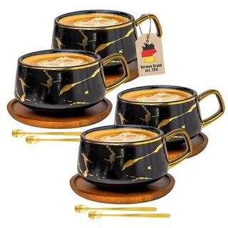Intirilife Kaffeetasse Marmor Design 200 ml mit Untersetzer (4-tlg.) , Keramik , 8-teilig , 0.2 L , 13x6.3x13 cm , leicht zu reinigen , Geschirr, Tassen, Tassen Sets