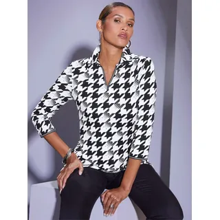 Poloshirt CREATION L "Poloshirt", Damen, Gr. 42, schwarz (schwarz, ecru, bedruckt), 95% Viskose, 5% Elasthan, gemustert, mehrfarbig, V-Ausschnitt, Shirts Poloshirt