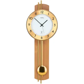 AMS. Pendeluhr 5266-18, Funk, aus Buchenholz, mit Messingstäben, weißem Zifferblatt, goldenem Ziffernring und Mineralglasabdeckung