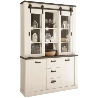 Furn.Design Buffetschrank weiß Pinie, anthrazit, Landhaus, Vitrinenschrank 133 x 201 cm , Weiß, Anthrazit , Holzwerkstoff , Nachbildung,Pinie , 10 Fächer , Sockel , 133x201x37 cm , FSC 100% , Esszimmer, Anrichten, Buffetschränke